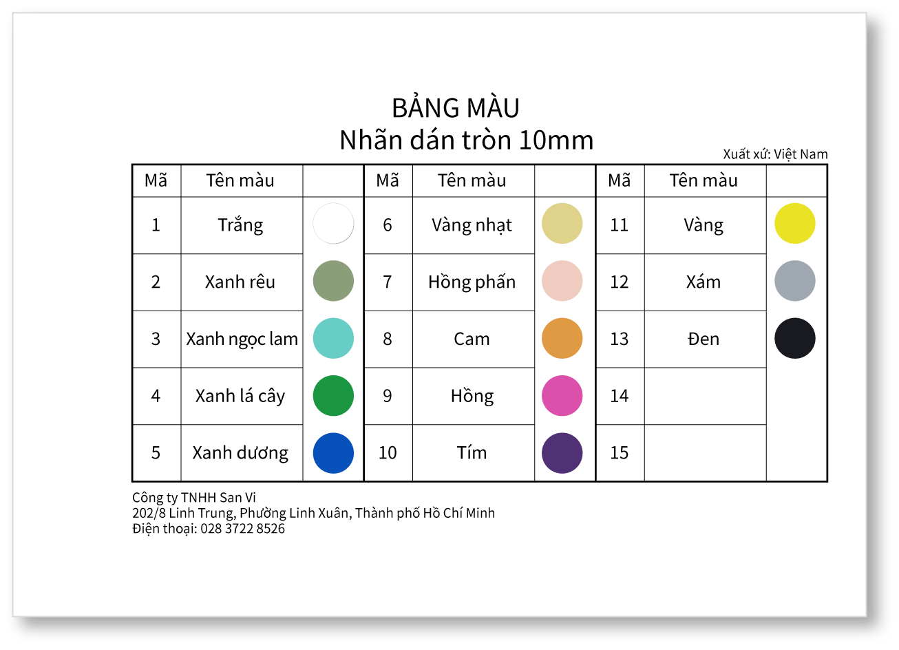 Bảng màu của Nhãn dán tròn 10mm